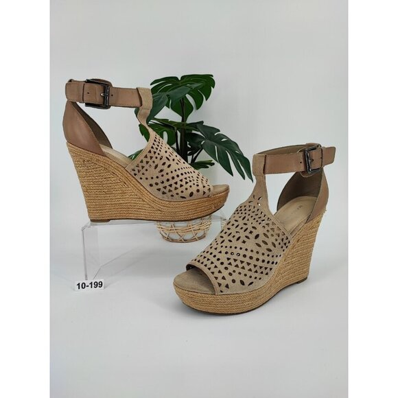 Marc Fisher Women's Hasina Perforated Beige Suede Wedges Sandals Size 10M US - Picture 1 of 9